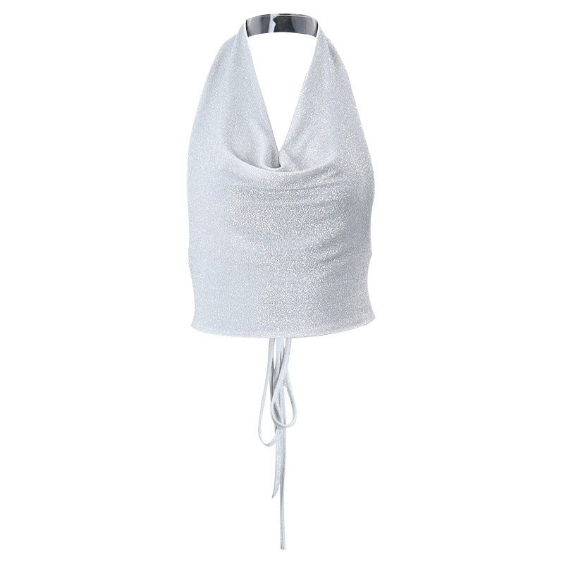 Glitter Choker Halter Cowl Tie Back Top
