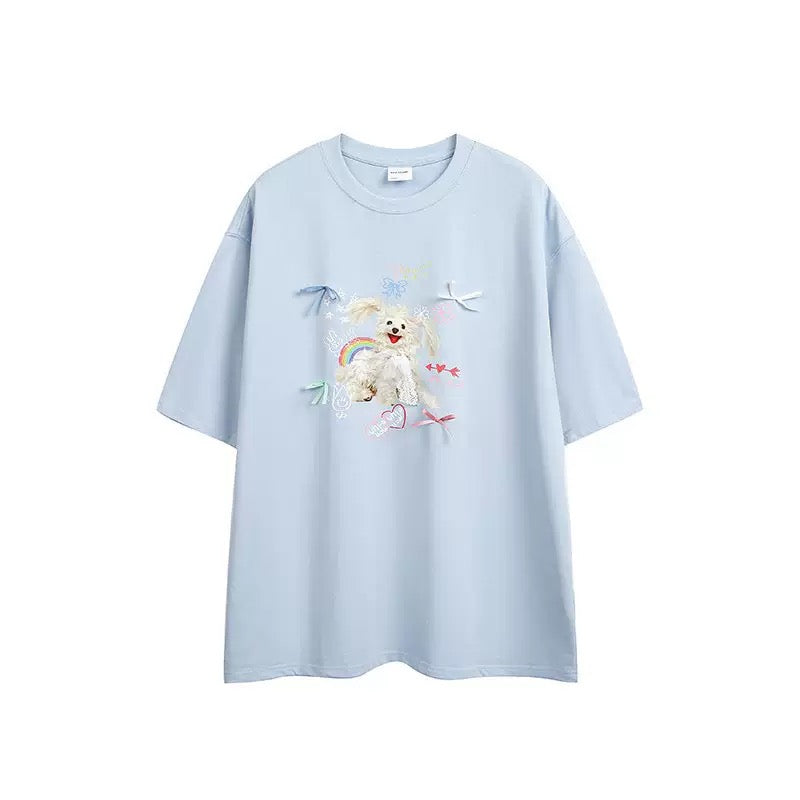 GRAZIA VIRA Women's Light Blue Dog Graphic Tee - Rainbow & Ribbon Accents